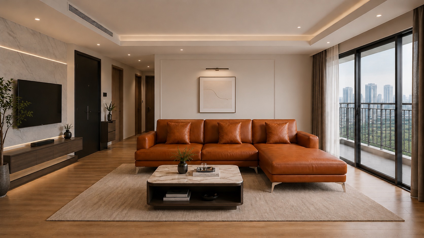 Bộ sofa da bò Ý trong phòng khách sang trọng