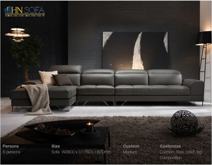 Mẫu sofa góc bọc da Malaysia HNS25 thiết kế khâu rút múi trám ấn tượng