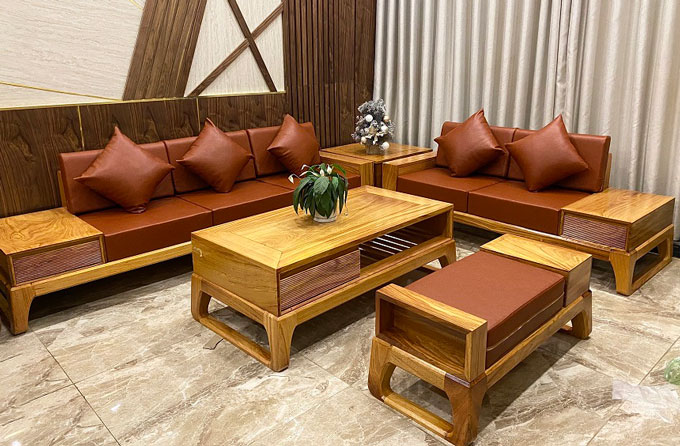 Mẫu ghế sofa gỗ gõ đỏ kết hợp đệm da
