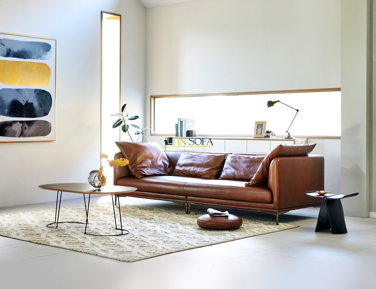 Mẫu sofa văng giả da Hàn Quốc màu nâu bò HNS49 - Ảnh 2