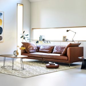 Mẫu sofa văng giả da Hàn Quốc màu nâu bò HNS49