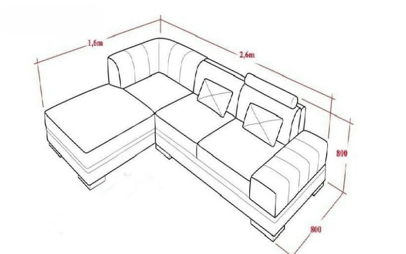 Kích thước ghế sofa chữ L 2.6mx 1.6mx0.8m