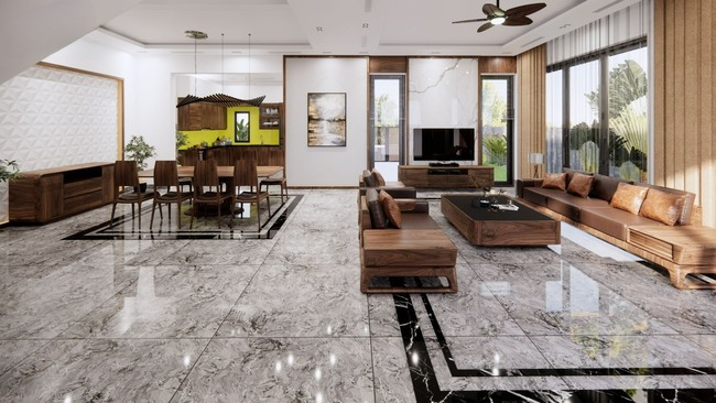 Bộ sofa gỗ lim đặt cạnh bàn ghế phòng bếp tại phòng khách có diện tích không lồ