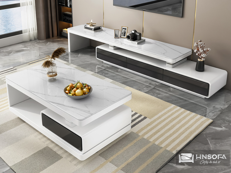 Bàn sofa hình hộp được làm từ các vật liệu như gỗ, kim loại, kính hoặc kết hợp