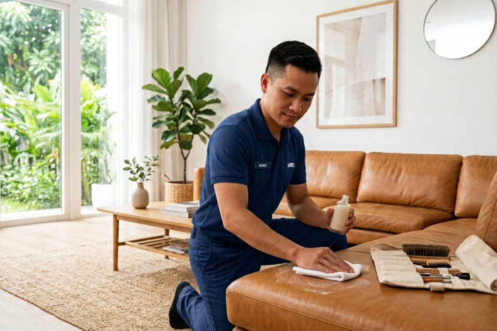 Không gian sofa sáng với vật liệu nội thất tinh tế