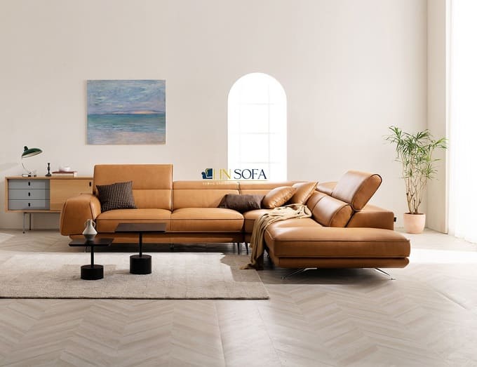Sofa góc L da bò HNS43 tối ưu không gian phòng khách